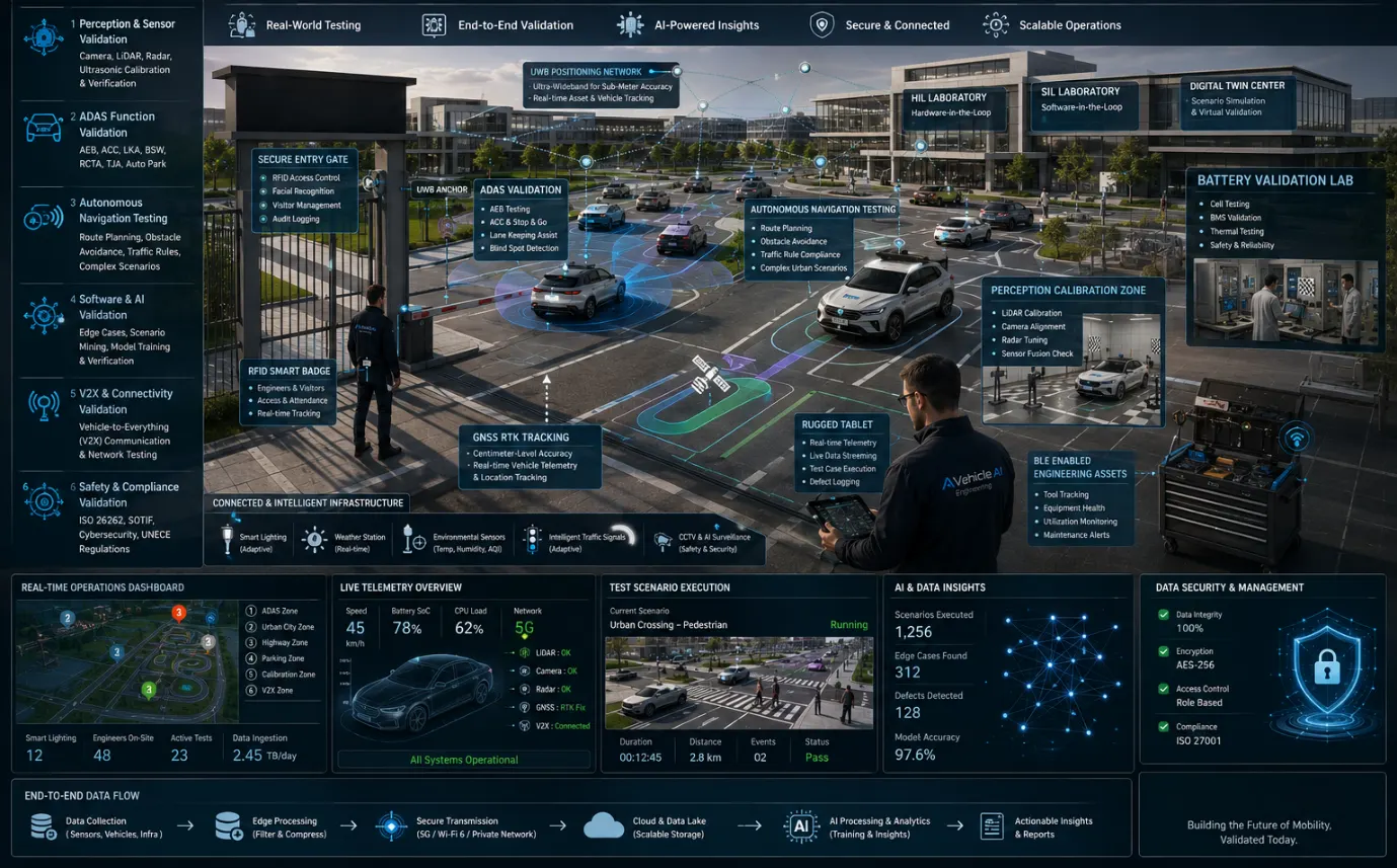 AI-powered autonomous vehicle validation campus with ADAS testing, HIL labs, GNSS tracking, and IoT dashboards.