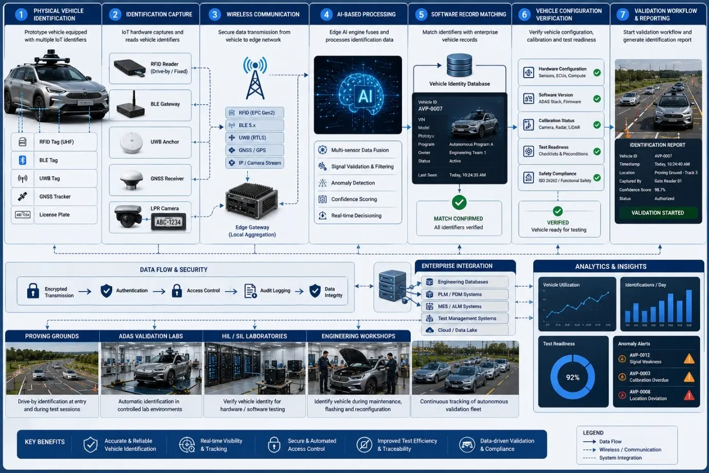 Workflow diagram showing AIoT-based vehicle identification from RFID tagging to validation reporting.