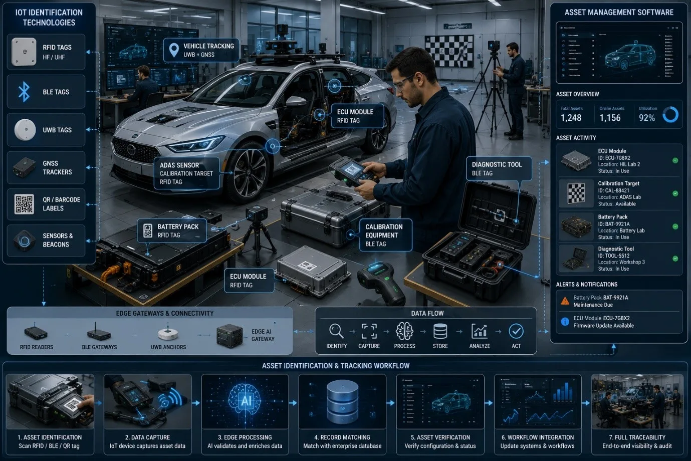 Illustration of AIoT asset identification for autonomous vehicle components, tools, and engineering equipment.